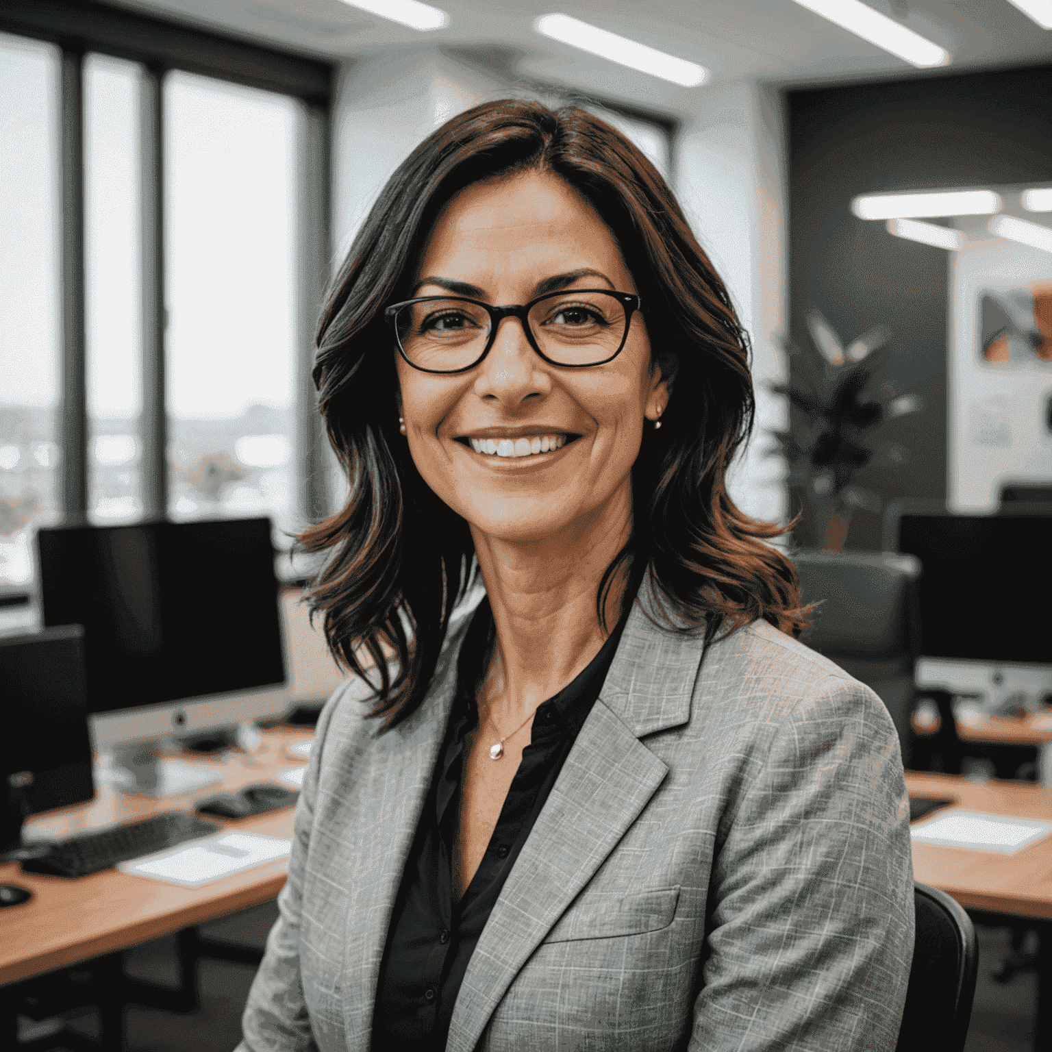 Foto de María Rodríguez, Directora de Marketing de Contenidos. Mujer de mediana edad con cabello oscuro y gafas, sonriendo profesionalmente en un entorno de oficina.