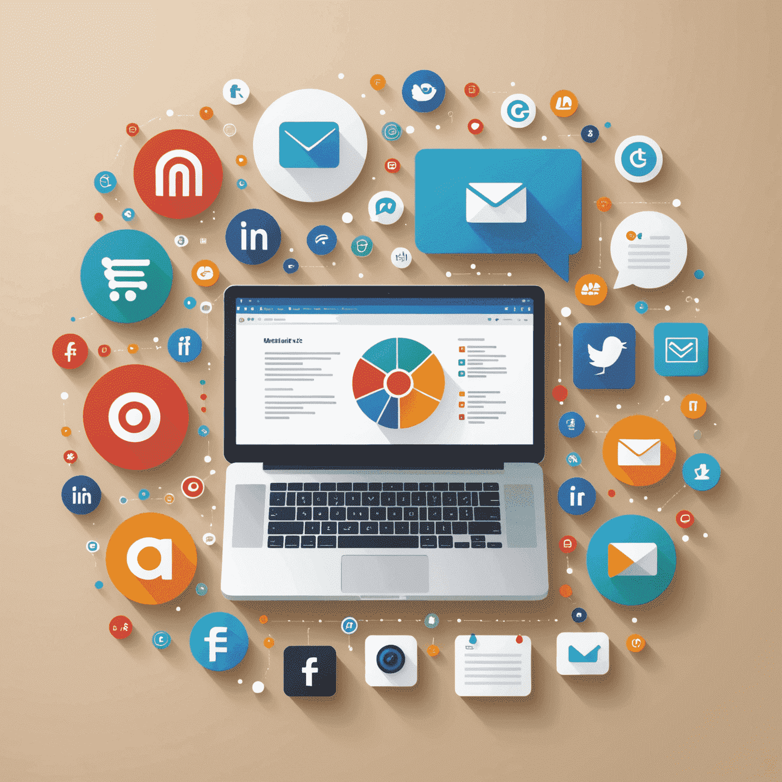 Imagen que muestra iconos de diferentes herramientas de marketing como análisis de datos, redes sociales y email marketing