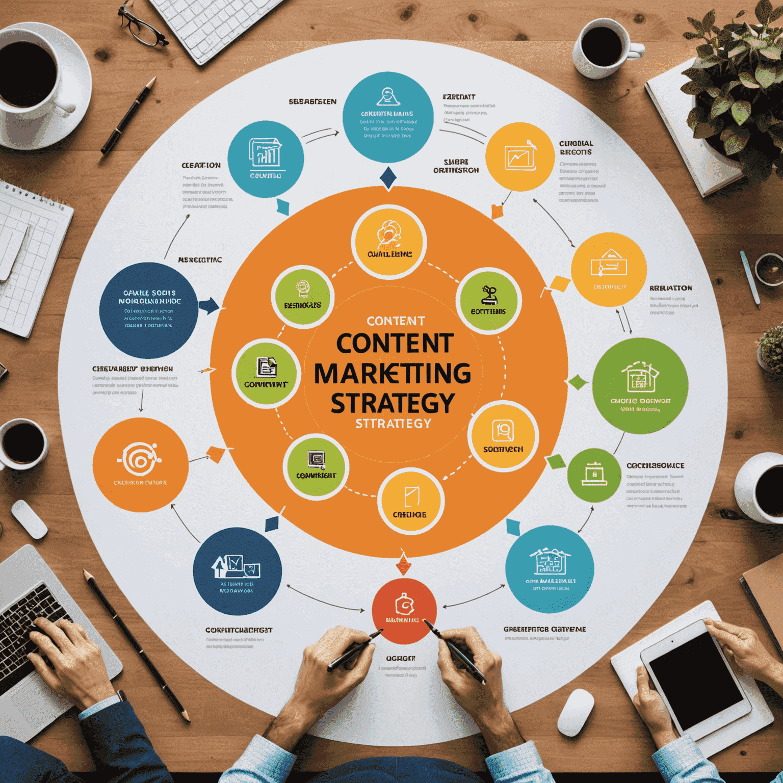 Imagen de una estrategia de marketing de contenidos que muestra un diagrama con pasos clave como investigación de audiencia, creación de contenido y análisis de resultados