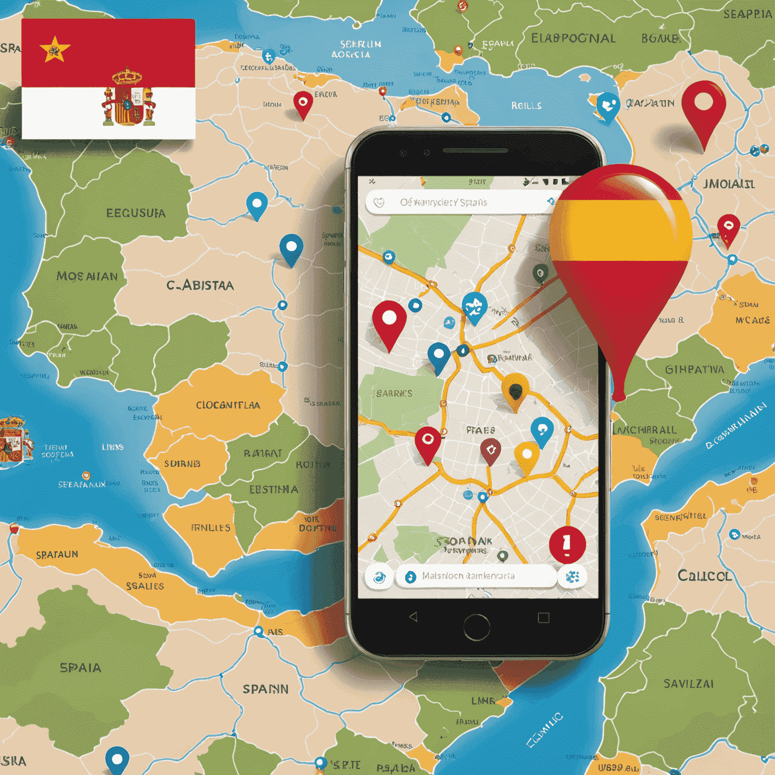 Mapa de España con iconos de ubicación y dispositivos móviles mostrando resultados de búsqueda local