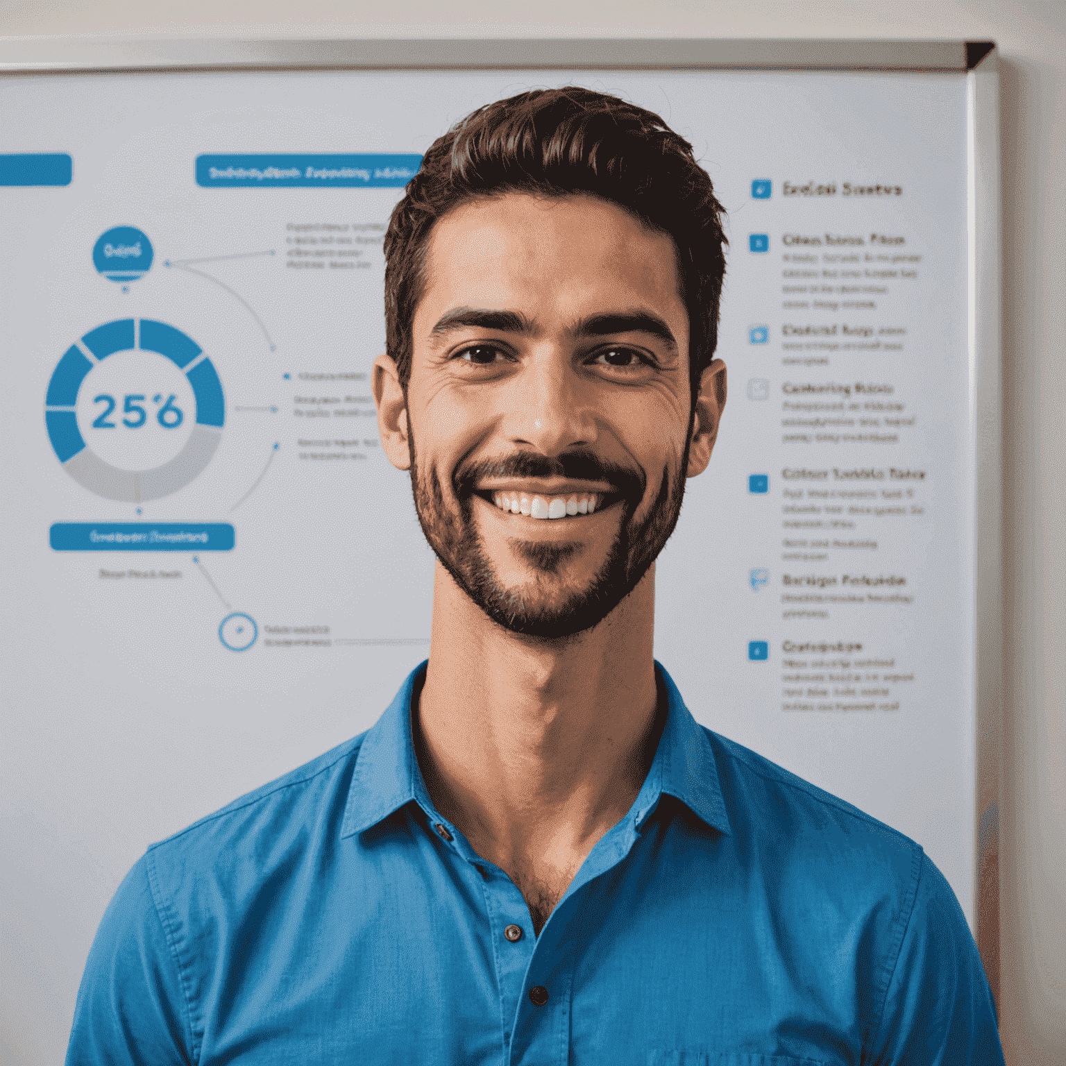 Foto de Carlos Sánchez, Especialista en Campañas Publicitarias. Hombre joven con barba corta, vestido con camisa azul, sonriendo confiadamente frente a una pizarra con estrategias de marketing.