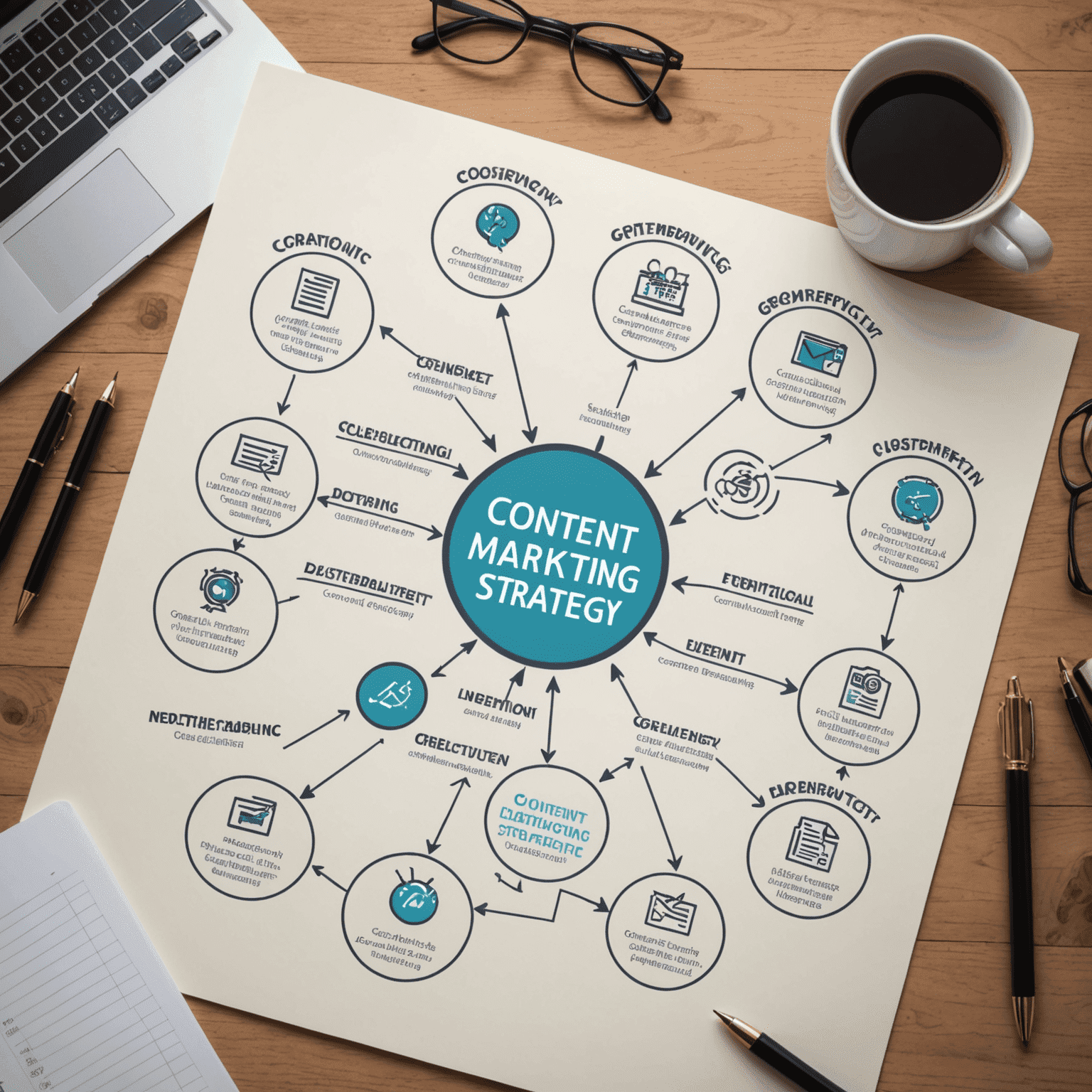 Imagen que muestra un diagrama de flujo de una estrategia de marketing de contenidos con elementos como planificación, creación y distribución