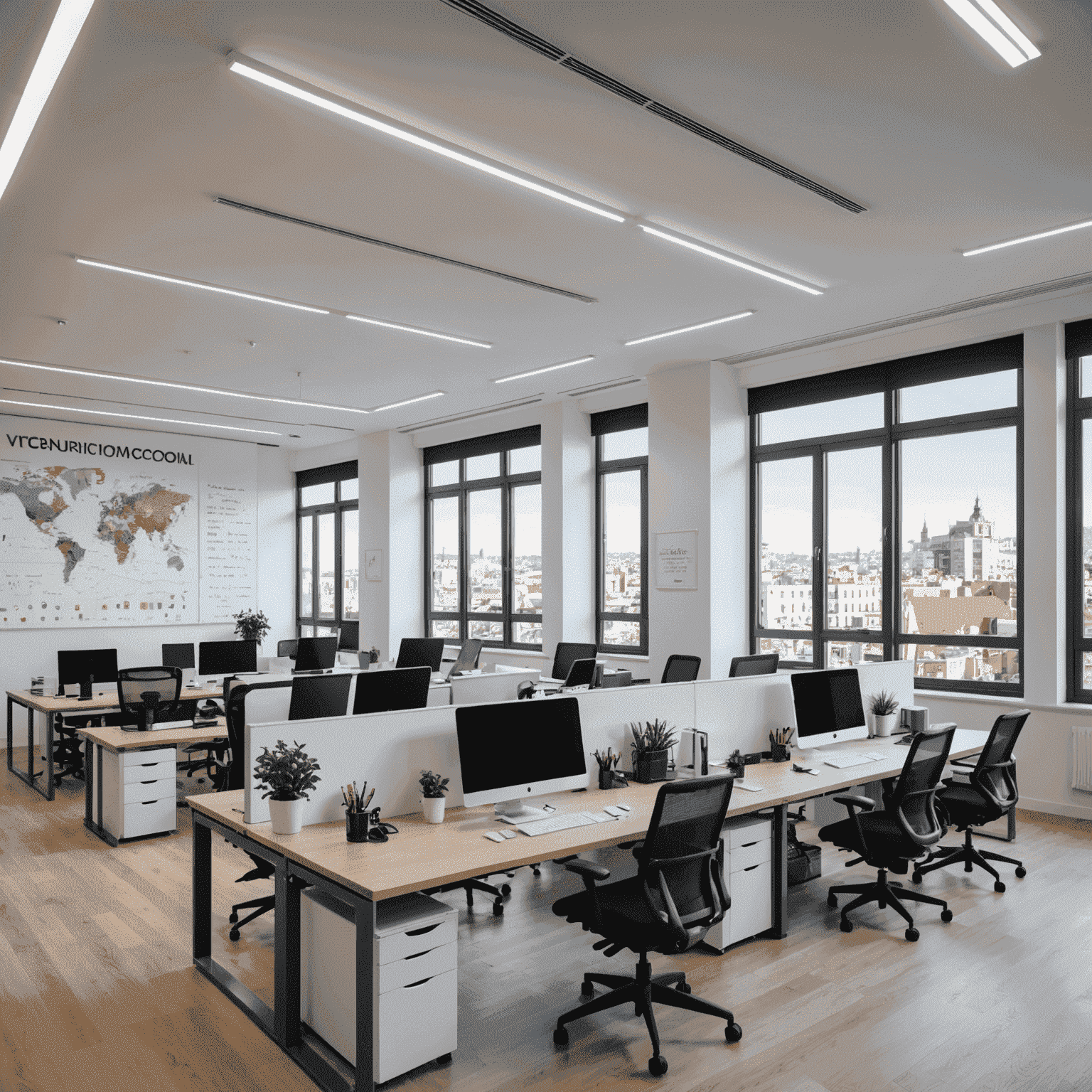 Oficina moderna y luminosa de vigrinvs_com en Madrid. Espacio abierto con escritorios, computadoras y una gran pizarra llena de ideas de marketing. Ventanas grandes que ofrecen una vista panorámica de la ciudad.